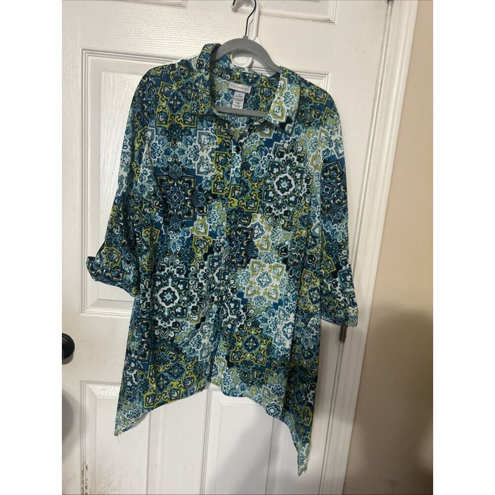 Catherines Button Up Shirt Women's 1X  Damask Floral Print 3/4 Sleeve Shark He